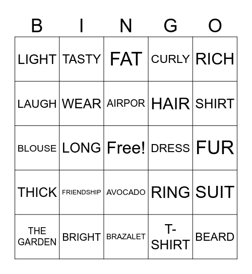Vocabullary Bingo Card