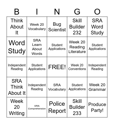 Student Choice Activity Bingo Card