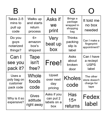 UPS Store Bingo Card