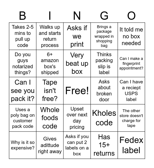 UPS Store Bingo Card