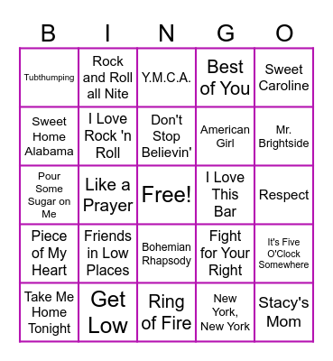 Tavern Sing-a-longs! Bingo Card