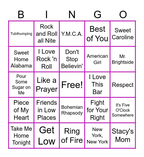 Tavern Sing-a-longs! Bingo Card