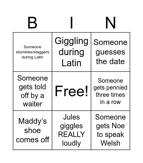 Eng drinks Bingo Card