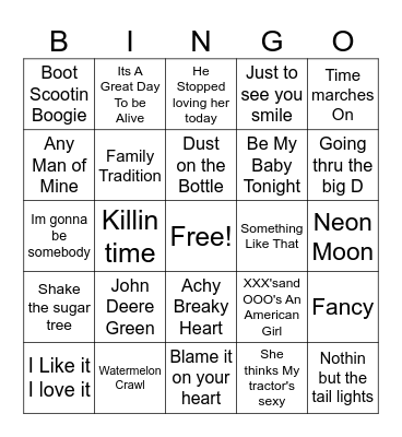 80s and 90s Country Bingo Card