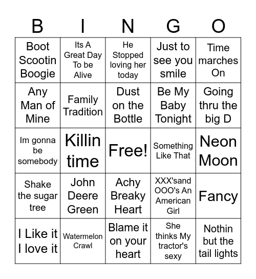 80s and 90s Country Bingo Card