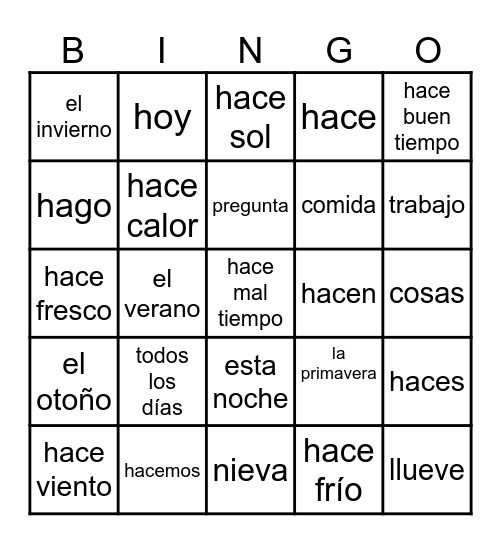 ¿Qué tiempo hace? Bingo Card