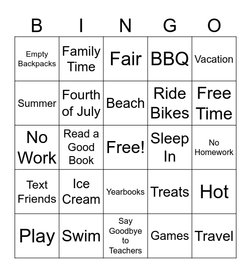 Last Day of School Bingo Card