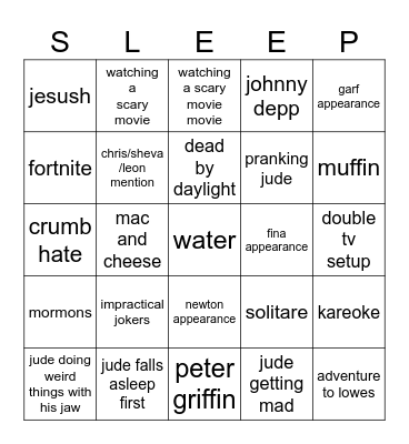 sleepover bingo Card