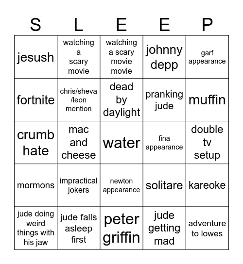 sleepover bingo Card