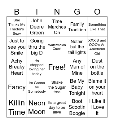 80s and 90s Country Bingo Card
