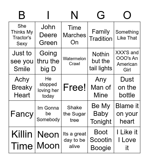 80s and 90s Country Bingo Card