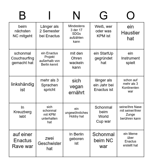 Enactus Berlin - Finde jemanden der/die ... Bingo Card