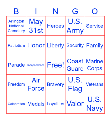 Memorial Day Bingo Card