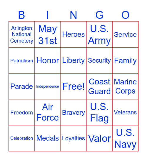 Memorial Day Bingo Card