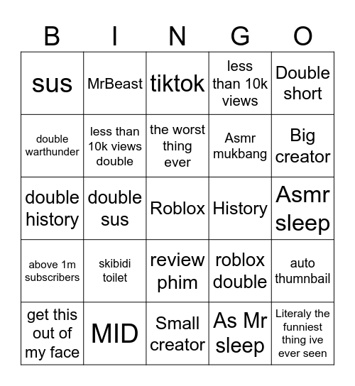 Youtube Bingo Card