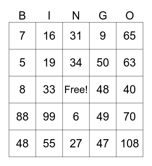 Number Bingo Card