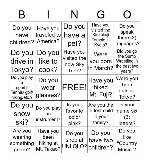 Hello, I would like to know you! Bingo Card