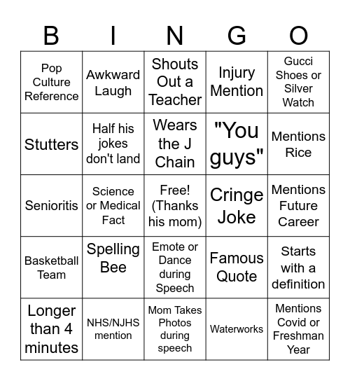 Josh Valedictorian Bingo Card