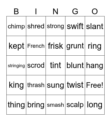 Closed Syllable Words with Blends and Digraphs Bingo Card