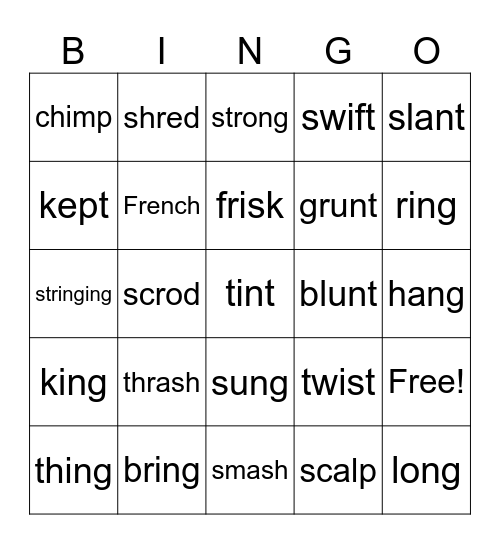 Closed Syllable Words with Blends and Digraphs Bingo Card