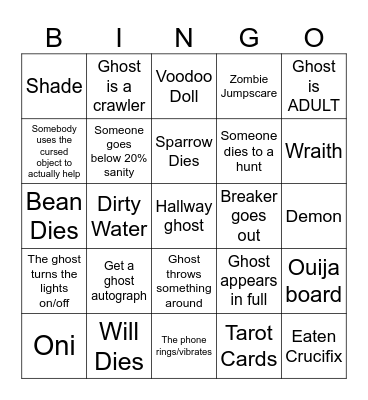 PhasmoPHOBIA Bingo Card