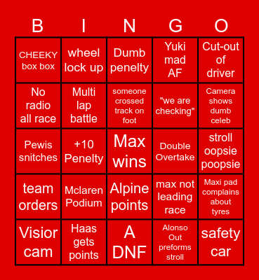 F1 bingo 2024 Bingo Card