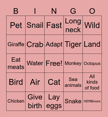 Science KG/3 - Wild Animals Bingo Card