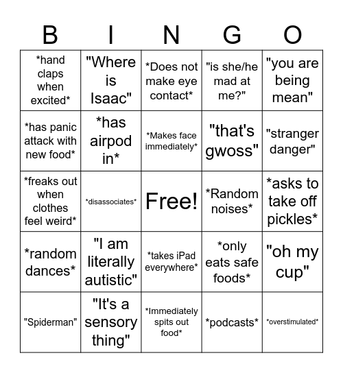 Lea's Tism Bingo Card