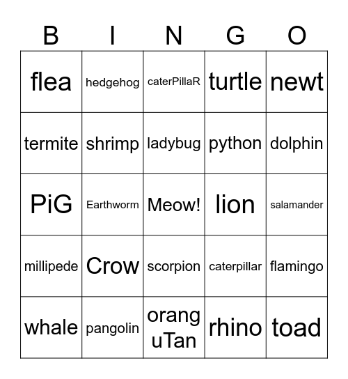 Animal Bingo Card