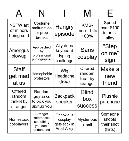 Fanime Weekend Bingo Card