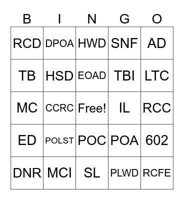 Senior Living Bingo Card