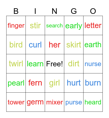 er, ir, ur, ear Bingo Card