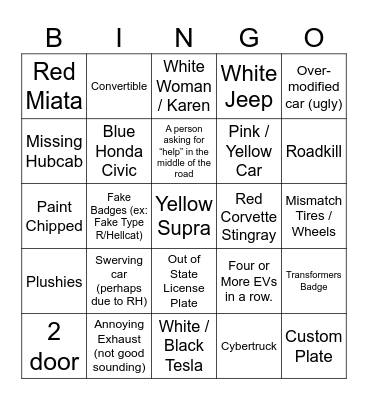 Road Bingo Card