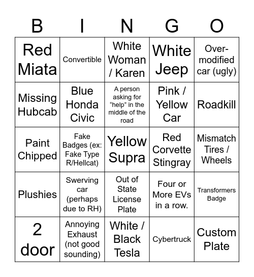 Road Bingo Card