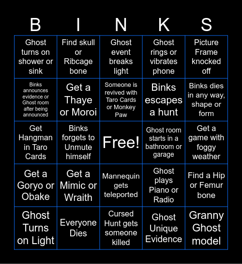 Binks Phasmo Bingo Card