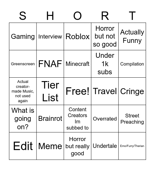 Youtube Shorts Bingo Card
