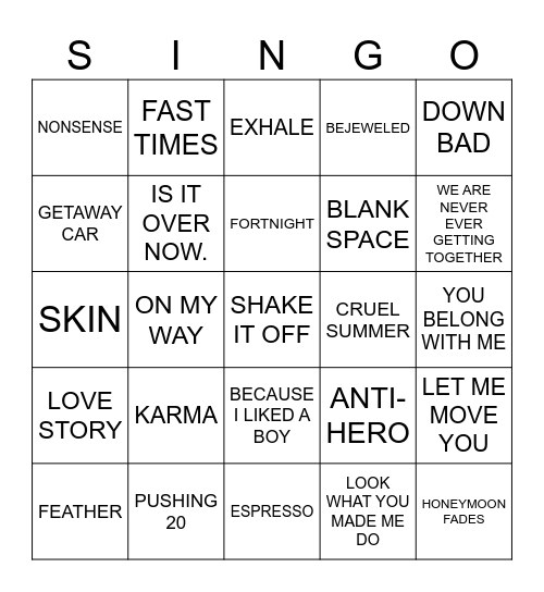 928 SABRINA VS TAYLOR Bingo Card