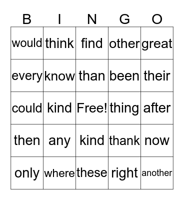Sight Words Bingo Card