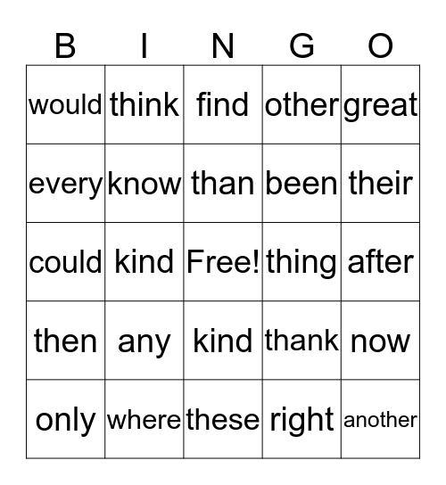 Sight Words Bingo Card