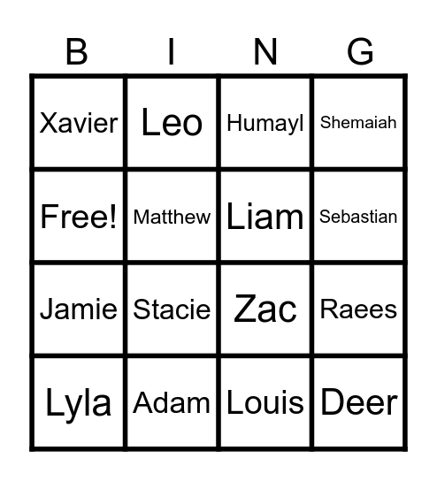 Deer Class Bingo Card