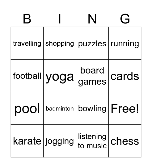 Free Time Bingo Card