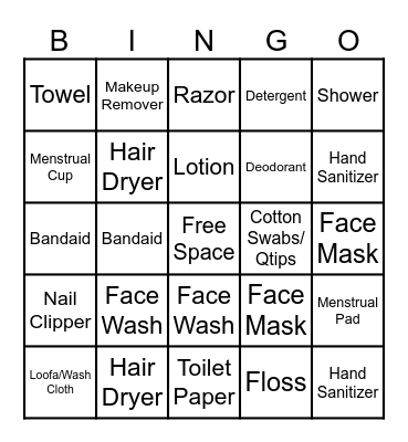 Self Hygiene Bingo Card
