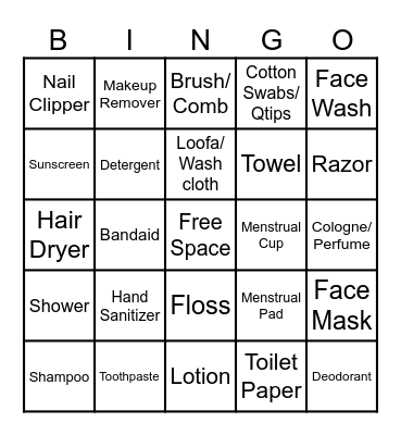 Self Hygiene Bingo Card