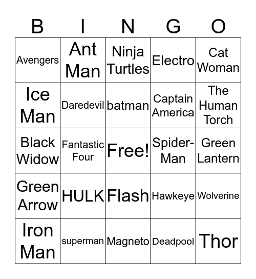 Superhero Bingo  Bingo Card