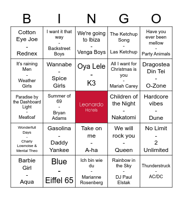 Musical Bingo Card