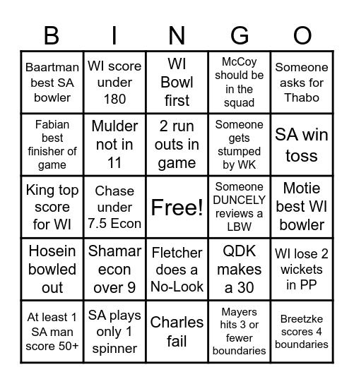 WI vs SA 2 Bingo Card