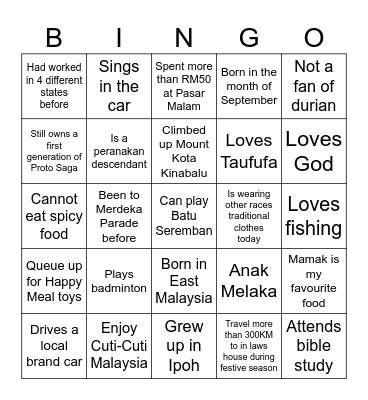 Malaysia Day Bingo Card