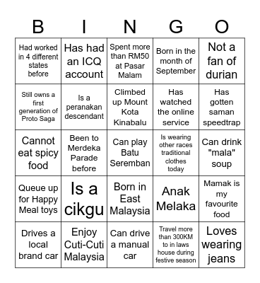 Malaysia Day Bingo Card