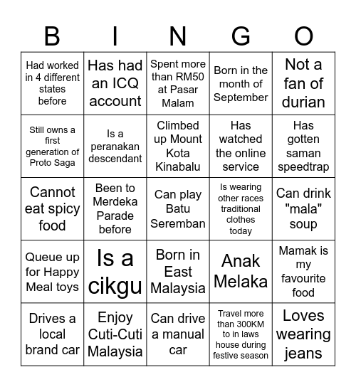 Malaysia Day Bingo Card