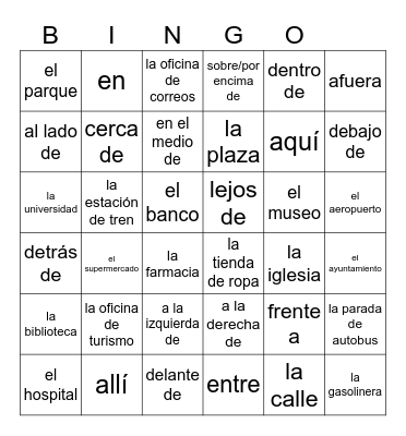 PREPOSICIONES DE LUGAR Y ORIENTACION Bingo Card